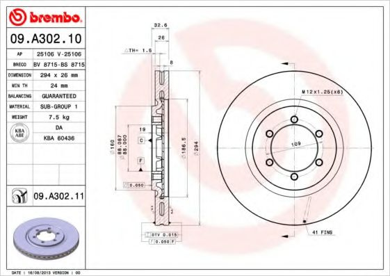 Disc frana SSANGYONG REXTON (GAB) (2002 - 2012) BREMBO 09.A302.11 piesa NOUA