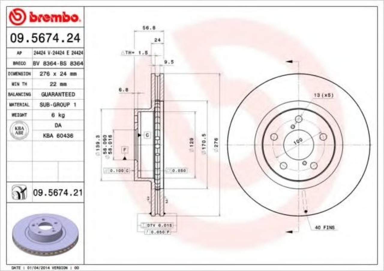 Disc frana SUBARU FORESTER (SF) (1997 - 2002) BREMBO 09.5674.21 piesa NOUA