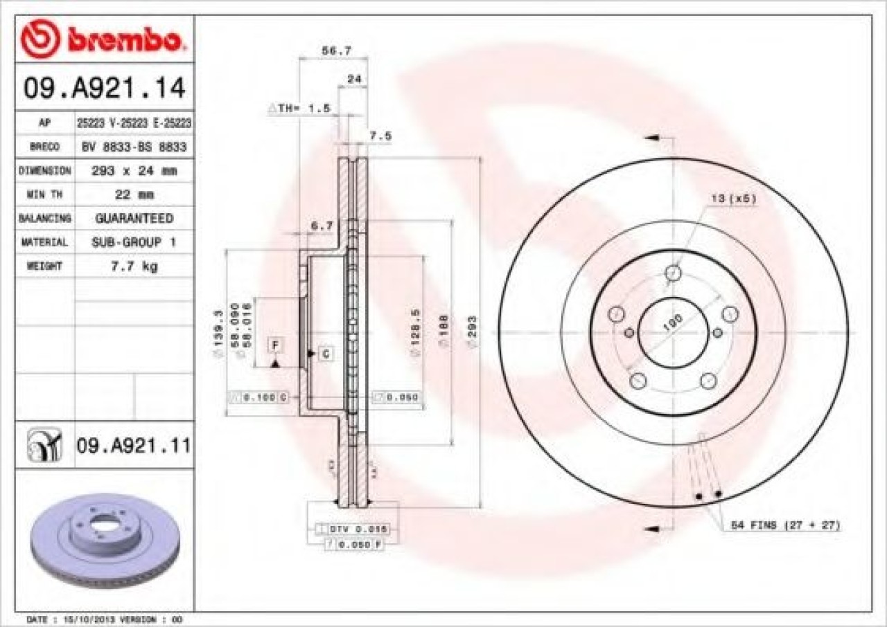 Disc frana SUBARU FORESTER (SH) (2008 - 2016) BREMBO 09.A921.11 piesa NOUA