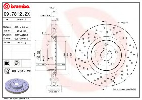Disc frana SUBARU IMPREZA Hatchback (GR, GH, G3) (2007 - 2016) BREMBO 09.7812.2X piesa NOUA