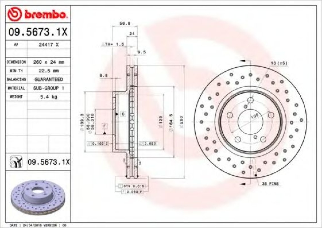 Disc frana SUBARU IMPREZA Hatchback (GR, GH, G3) (2007 - 2016) BREMBO 09.5673.1X piesa NOUA