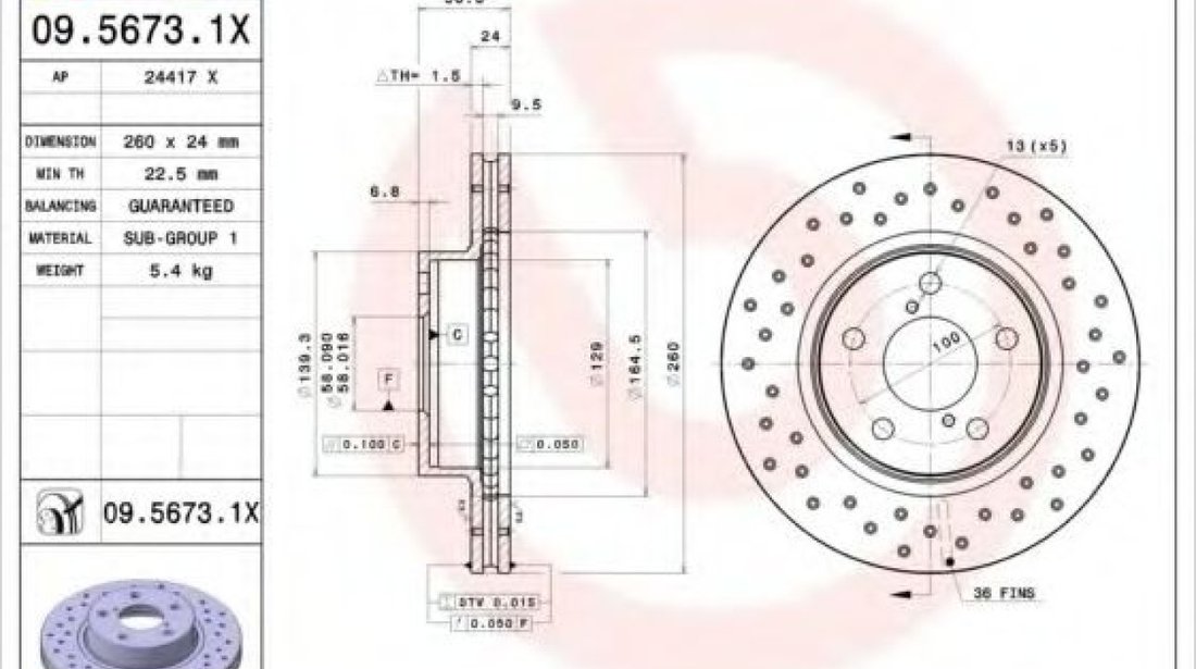 Disc frana SUBARU IMPREZA Hatchback (GR, GH, G3) (2007 - 2016) BREMBO 09.5673.1X piesa NOUA