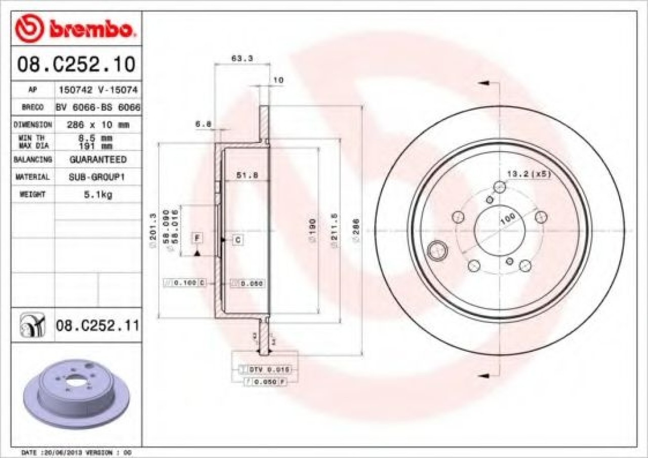 Disc frana SUBARU IMPREZA Hatchback (GR, GH, G3) (2007 - 2016) BREMBO 08.C252.11 piesa NOUA