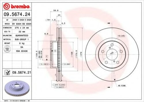 Disc frana SUBARU LEGACY III (BE, BH) (1998 - 2003) BREMBO 09.5674.21 piesa NOUA