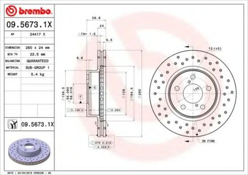 Disc frana SUBARU LEGACY III (BE, BH) (1998 - 2003) BREMBO 09.5673.1X piesa NOUA