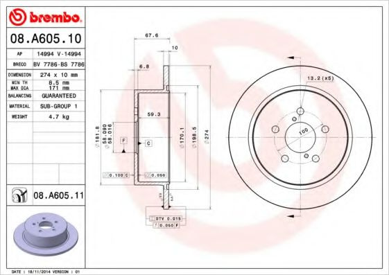 Disc frana SUBARU LEGACY IV (BL, BP) (2003 - 2016) BREMBO 08.A605.11 piesa NOUA