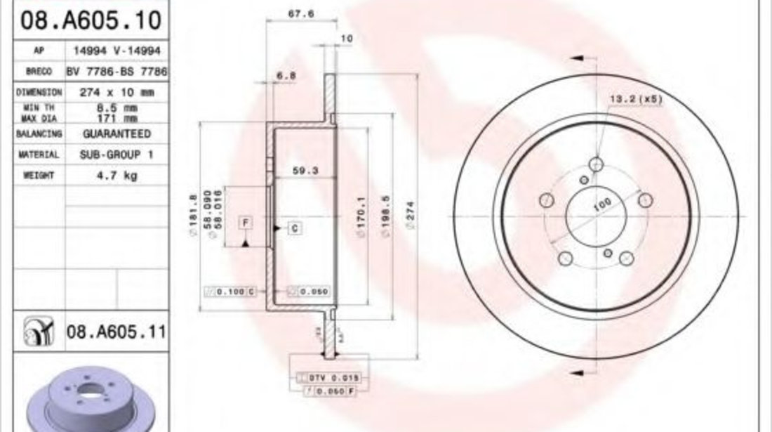 Disc frana SUBARU LEGACY IV (BL, BP) (2003 - 2016) BREMBO 08.A605.11 piesa NOUA