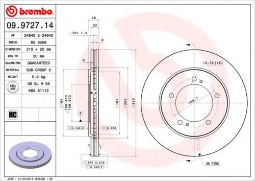 Disc frana SUZUKI GRAND VITARA I (FT) (1998 - 2005) BREMBO 09.9727.14 piesa NOUA