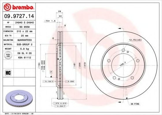 Disc frana SUZUKI GRAND VITARA II (JT) (2005 - 2016) BREMBO 09.9727.14 piesa NOUA