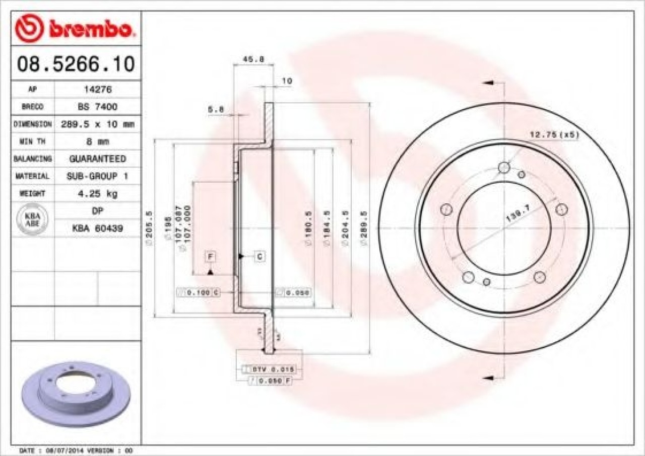 Disc frana SUZUKI JIMNY (FJ) (1998 - 2016) BREMBO 08.5266.10 piesa NOUA