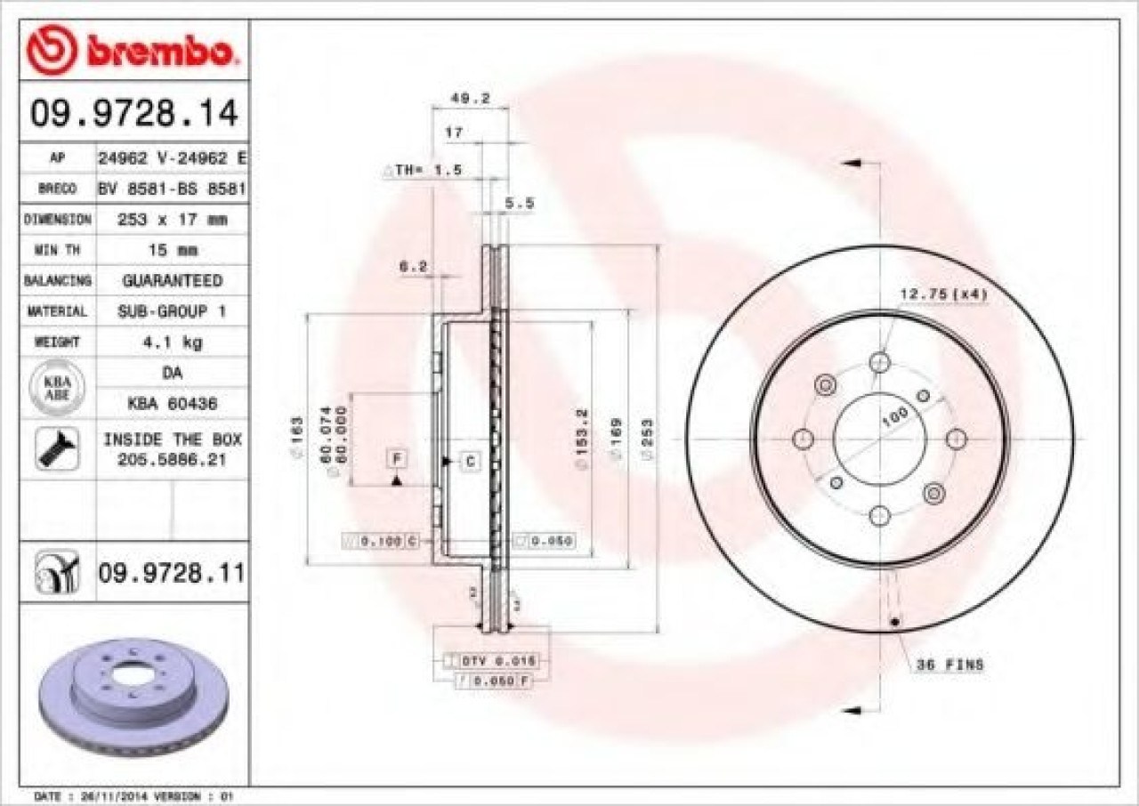 Disc frana SUZUKI WAGON R+ (MM) (2000 - 2016) BREMBO 09.9728.11 piesa NOUA