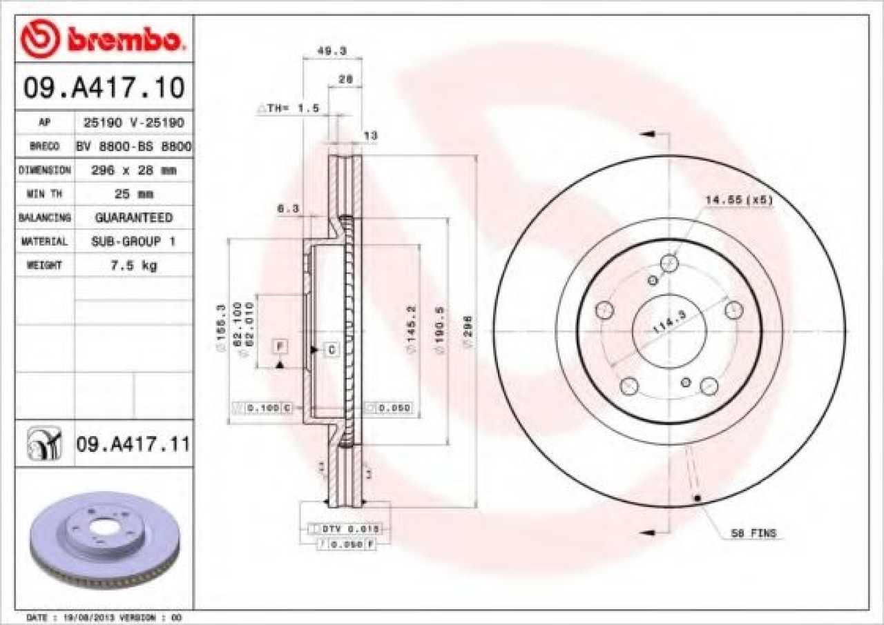 Disc frana TOYOTA AURIS (NRE15, ZZE15, ADE15, ZRE15, NDE15) (2006 - 2012) BREMBO 09.A417.11 piesa NOUA