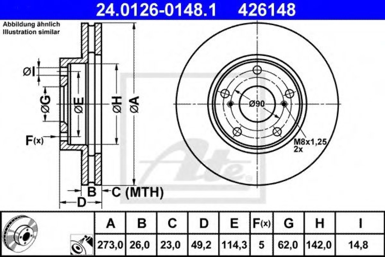 Disc frana TOYOTA AURIS (NRE15, ZZE15, ADE15, ZRE15, NDE15) (2006 - 2012) ATE 24.0126-0148.1 piesa NOUA