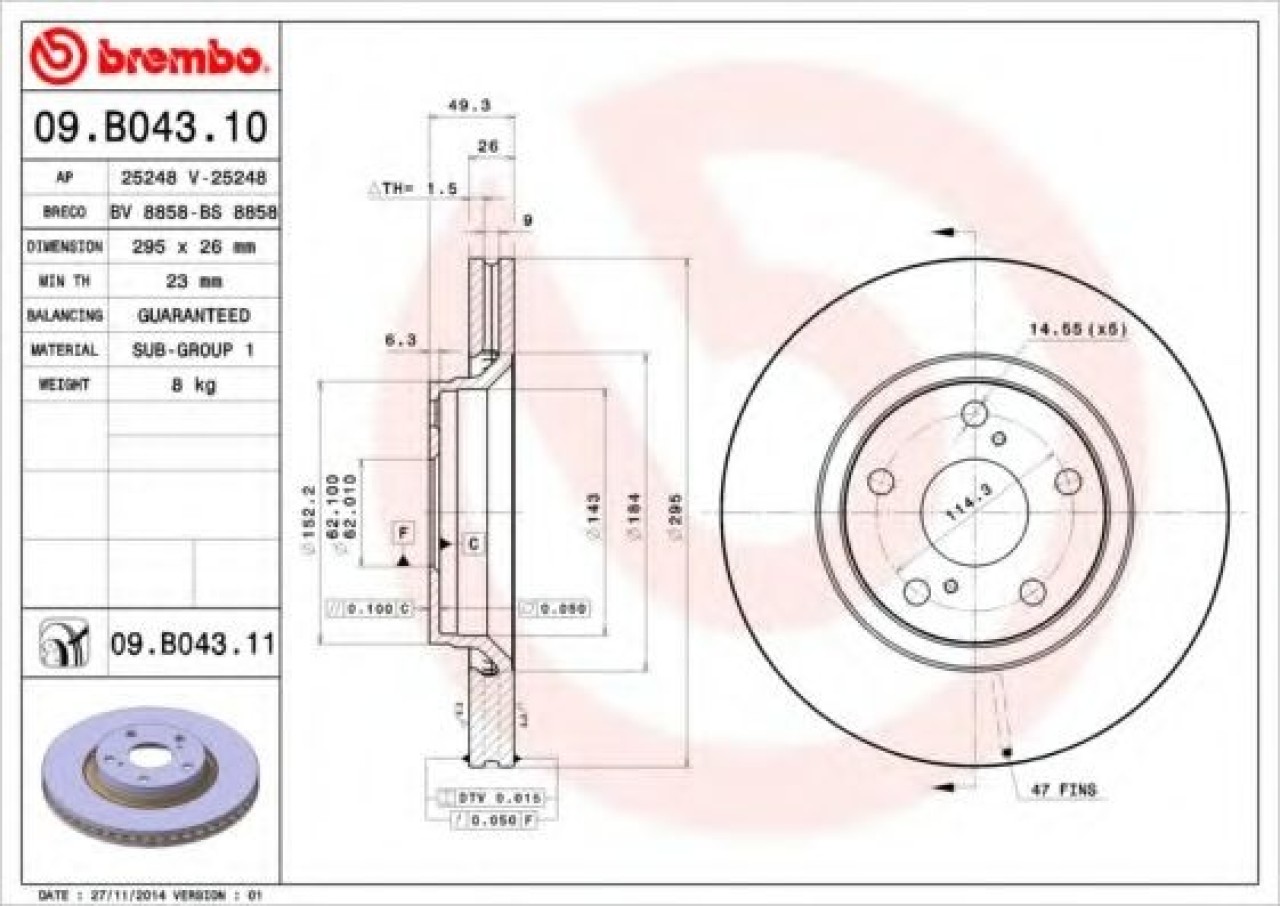 Disc frana TOYOTA AURIS (ZWE18, NZE18, ZRE18) (2012 - 2016) BREMBO 09.B043.11 piesa NOUA