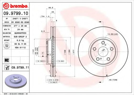 Disc frana TOYOTA AVENSIS Combi (T25) (2003 - 2008) BREMBO 09.9799.11 piesa NOUA