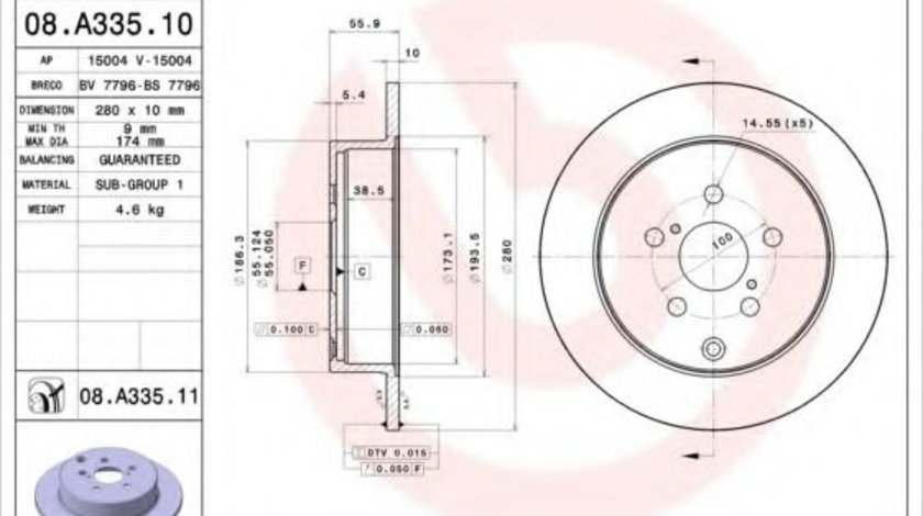 Disc frana TOYOTA AVENSIS Combi (T25) (2003 - 2008) BREMBO 08.A335.11 piesa NOUA