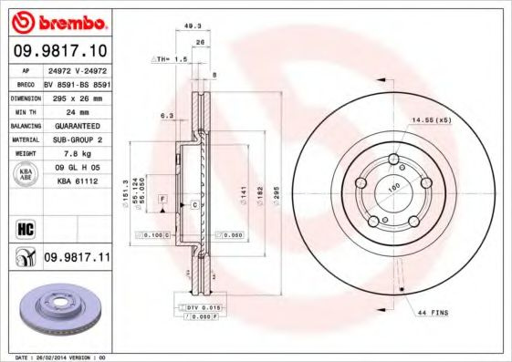 Disc frana TOYOTA AVENSIS Combi (T25) (2003 - 2008) BREMBO 09.9817.11 piesa NOUA