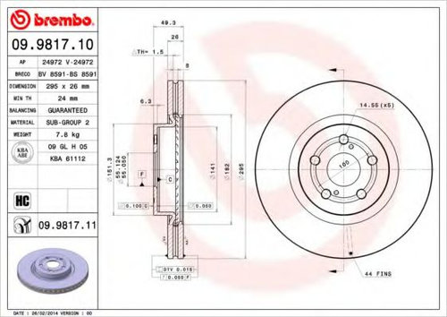 Disc frana TOYOTA AVENSIS Combi (T25) (2003 - 2008) BREMBO 09.9817.11 piesa NOUA