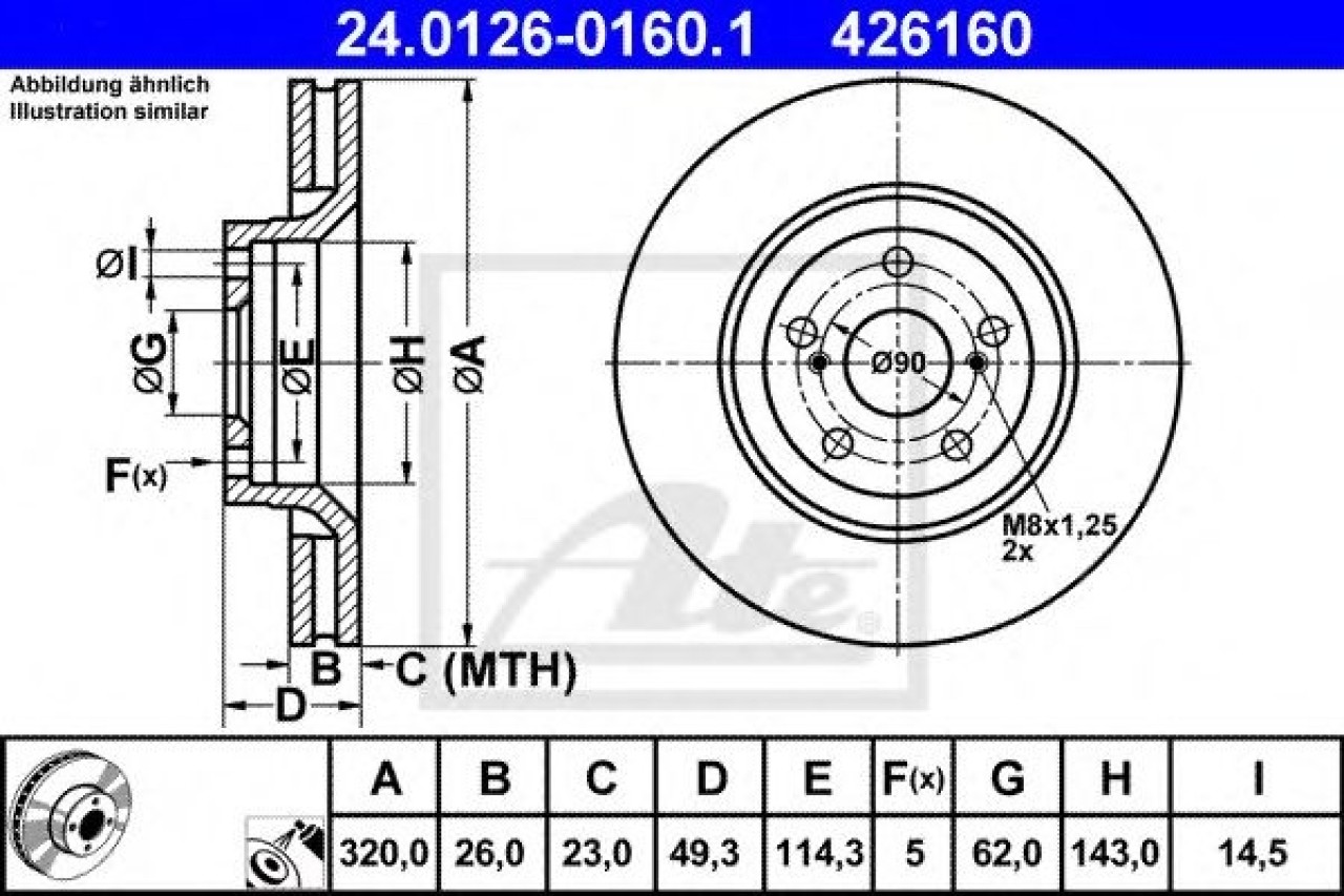 Disc frana TOYOTA AVENSIS combi (ZRT27, ADT27) (2009 - 2016) ATE 24.0126-0160.1 piesa NOUA