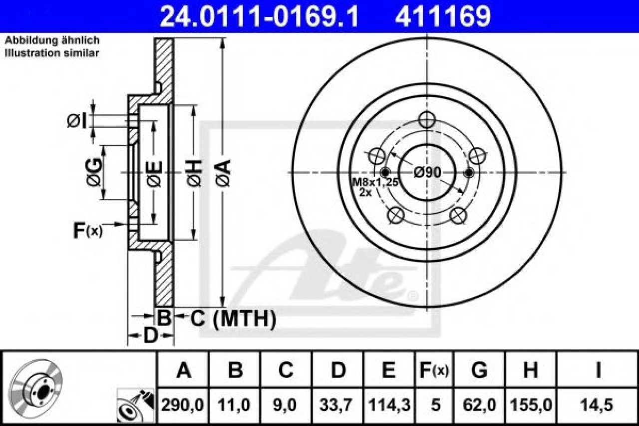 Disc frana TOYOTA AVENSIS combi (ZRT27, ADT27) (2009 - 2016) ATE 24.0111-0169.1 piesa NOUA