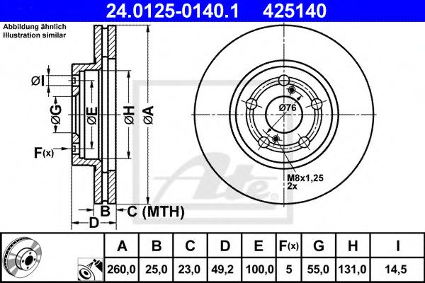 Disc frana TOYOTA AVENSIS Liftback (T22) (1997 - 2003) ATE 24.0125-0140.1 piesa NOUA