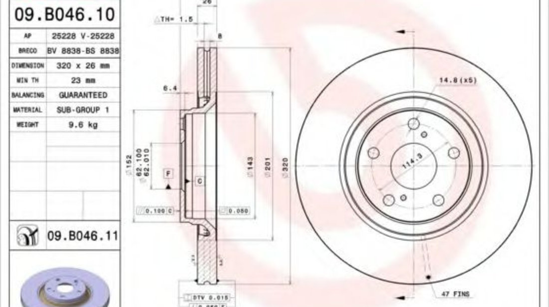 Disc frana TOYOTA AVENSIS Limuzina (ZRT27, ADT27) (2008 - 2016) BREMBO 09.B046.11 piesa NOUA