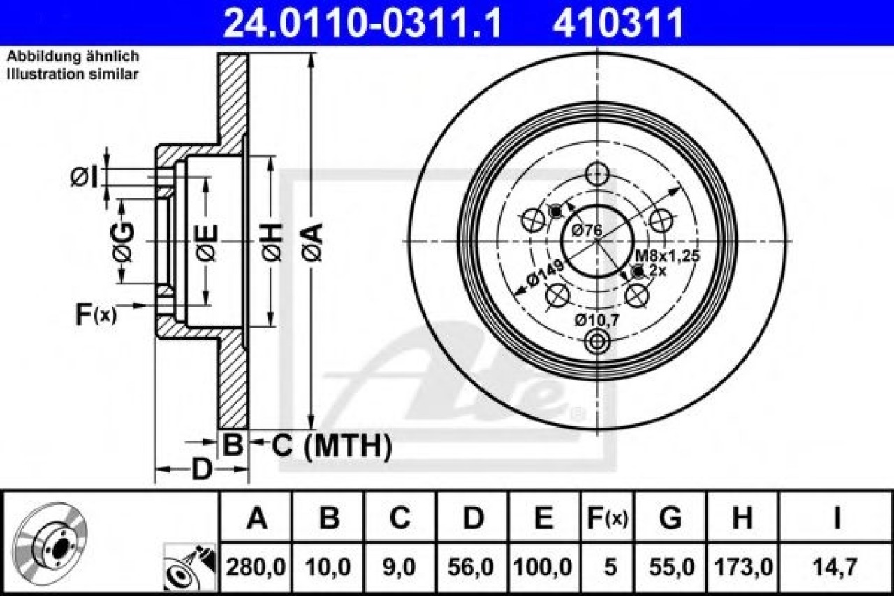 Disc frana TOYOTA AVENSIS (T25) (2003 - 2008) ATE 24.0110-0311.1 piesa NOUA