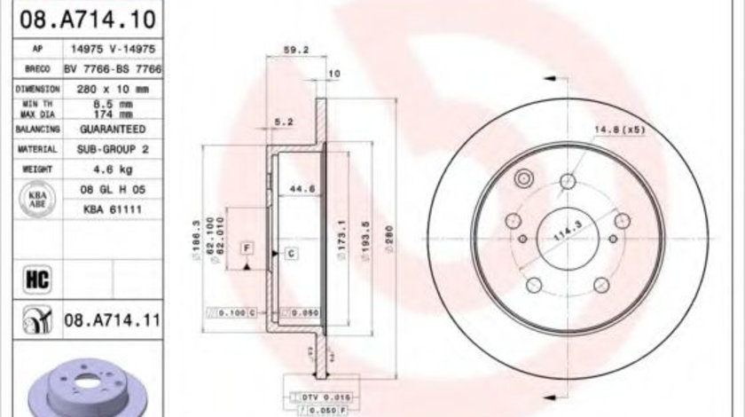 Disc frana TOYOTA AVENSIS (T25) (2003 - 2008) BREMBO 08.A714.11 piesa NOUA