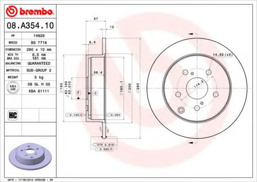 Disc frana TOYOTA COROLLA Verso (ZER, ZZE12, R1) (2004 - 2009) BREMBO 08.A354.10 piesa NOUA