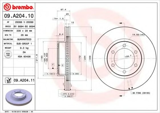 Disc frana TOYOTA LAND CRUISER (LJ12, KZJ12, TRJ12, KDJ12, GRJ12) (2002 - 2009) BREMBO 09.A204.11 piesa NOUA