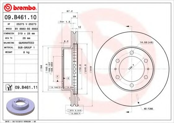 Disc frana TOYOTA LAND CRUISER (LJ12, KZJ12, TRJ12, KDJ12, GRJ12) (2002 - 2009) BREMBO 09.B461.11 piesa NOUA