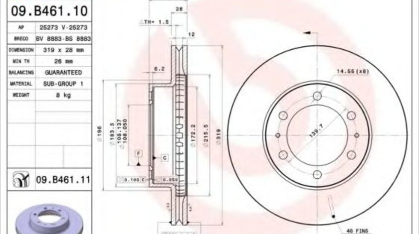 Disc frana TOYOTA LAND CRUISER (LJ12, KZJ12, TRJ12, KDJ12, GRJ12) (2002 - 2009) BREMBO 09.B461.11 piesa NOUA