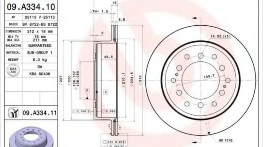 Disc frana TOYOTA LAND CRUISER (LJ12, KZJ12, TRJ12, KDJ12, GRJ12) (2002 - 2009) BREMBO 09.A334.11 piesa NOUA