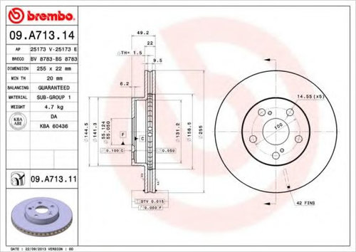Disc frana TOYOTA PRIUS Hatchback (NHW2) (2003 - 2009) BREMBO 09.A713.11 piesa NOUA
