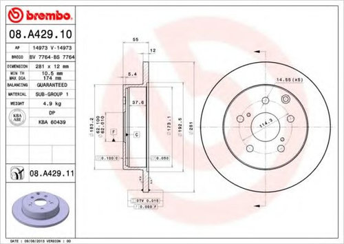 Disc frana TOYOTA RAV 4 III (ACA3, ACE, ALA3, GSA3, ZSA3) (2005 - 2016) BREMBO 08.A429.11 piesa NOUA