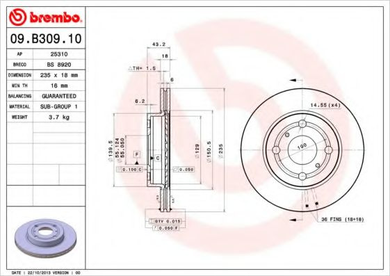 Disc frana TOYOTA YARIS (P1) (1999 - 2005) BREMBO 09.B309.10 piesa NOUA
