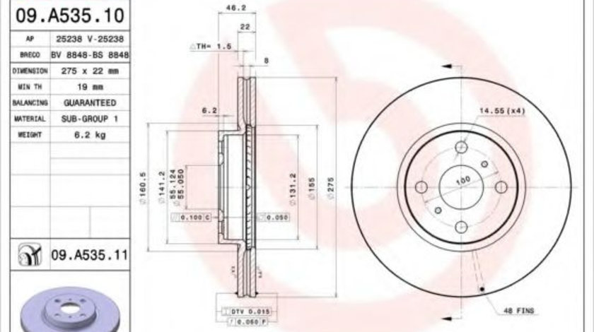 Disc frana TOYOTA YARIS (P13) (2010 - 2016) BREMBO 09.A535.11 piesa NOUA