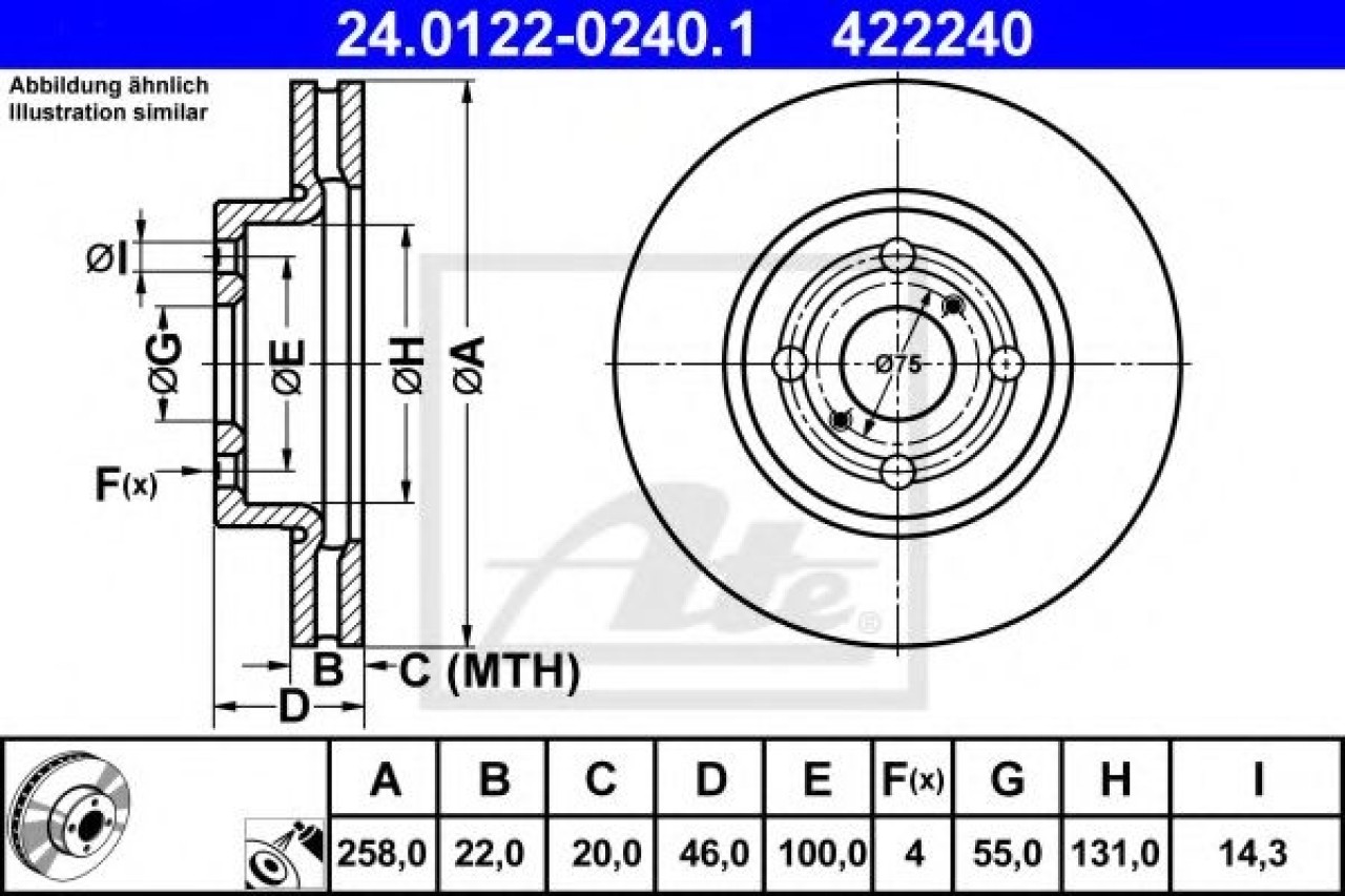 Disc frana TOYOTA YARIS (P9) (2005 - 2013) ATE 24.0122-0240.1 piesa NOUA