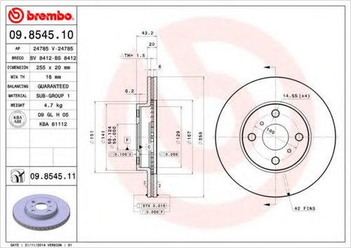 Disc frana TOYOTA YARIS VERSO (NLP2, NCP2) (1999 - 2005) BREMBO 09.8545.11 piesa NOUA
