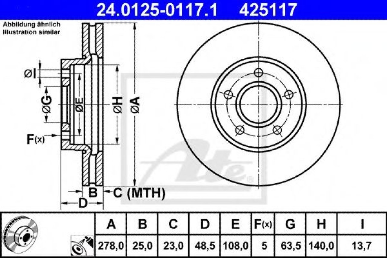 Disc frana VOLVO S40 II (MS) (2004 - 2016) ATE 24.0125-0117.1 piesa NOUA