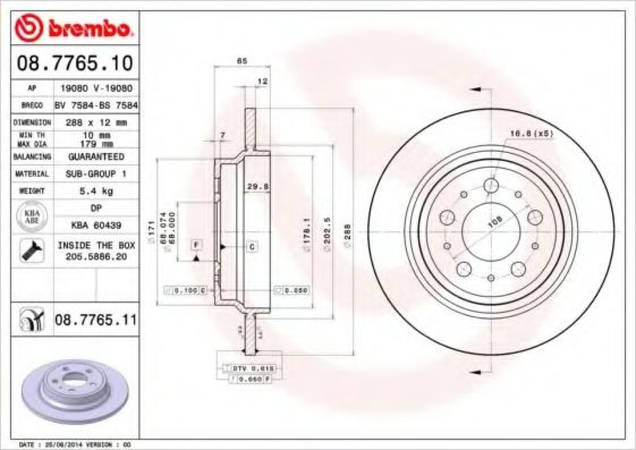 Disc frana VOLVO S60 I (2000 - 2010) BREMBO 08.7765.11 piesa NOUA
