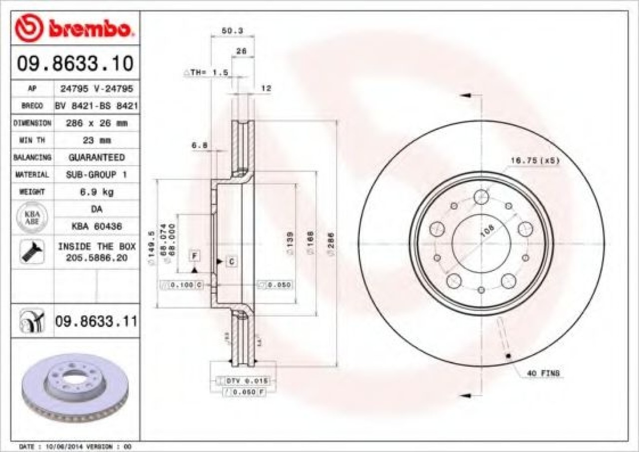 Disc frana VOLVO S60 I (2000 - 2010) BREMBO 09.8633.11 piesa NOUA