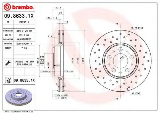 Disc frana VOLVO S60 I (2000 - 2010) BREMBO 09.8633.1X piesa NOUA