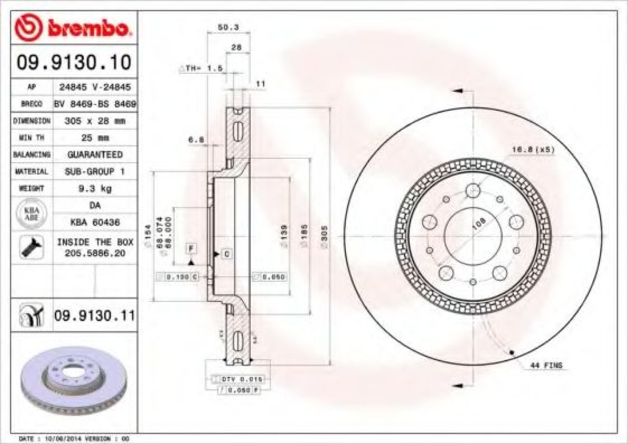 Disc frana VOLVO S60 I (2000 - 2010) BREMBO 09.9130.11 piesa NOUA