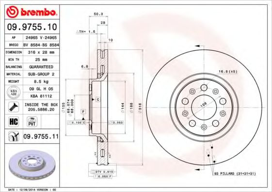 Disc frana VOLVO S60 I (2000 - 2010) BREMBO 09.9755.11 piesa NOUA