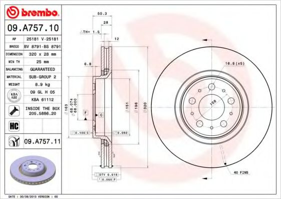 Disc frana VOLVO S80 I (TS, XY) (1998 - 2006) BREMBO 09.A757.11 piesa NOUA