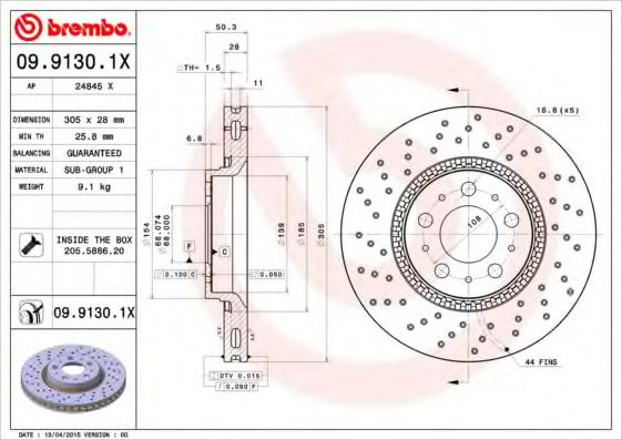 Disc frana VOLVO S80 I (TS, XY) (1998 - 2006) BREMBO 09.9130.1X piesa NOUA