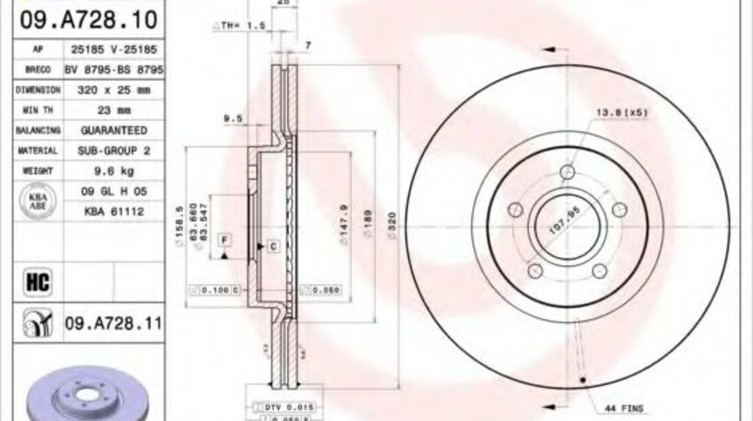 Disc frana VOLVO V40 Hatchback (2012 - 2016) BREMBO 09.A728.11 piesa NOUA