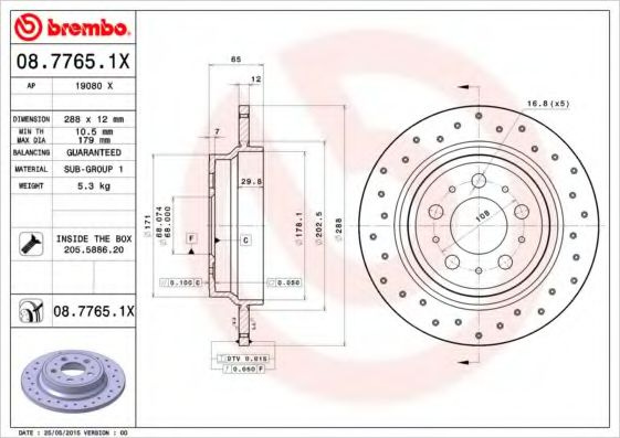 Disc frana VOLVO V70 II (SW) (2000 - 2007) BREMBO 08.7765.1X piesa NOUA