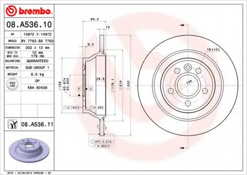 Disc frana VOLVO V70 III (BW) (2007 - 2016) BREMBO 08.A536.11 piesa NOUA